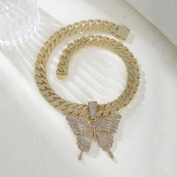 Exaggerated Personality Butterfly Pendant Diamond Alloy Necklace Set Accessories Niche New Hip Hop Cuban Chain-image