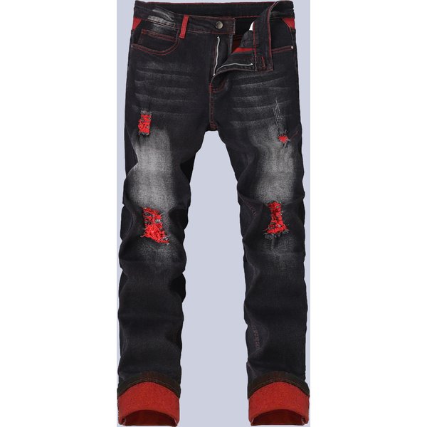 Men's Stretch Ripped Jeans Slim Fit Black Denim Pants For Casual Wear-image