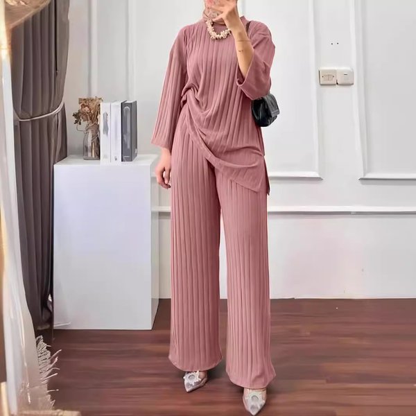 New Women's Long Sleeve Tops Wide Leg Pants Solid Color Casual Sportswear Two Piece Set-image