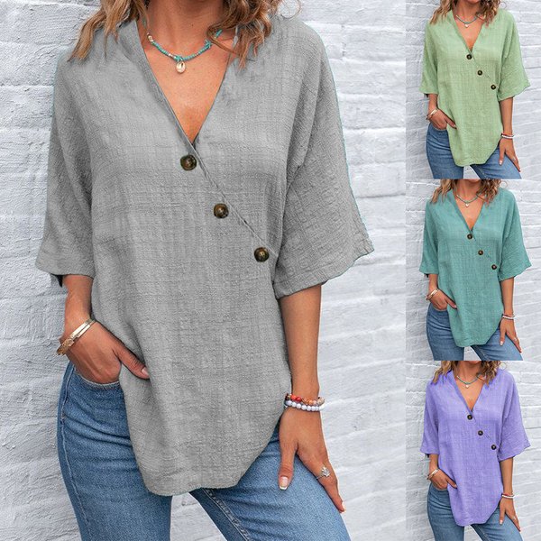 Women's Clothing Women's Shirt Tops V Neck Solid Color Linen Fabric Shirt