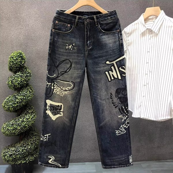 Men's Clothing American Retro Graffiti Hand Painted Design Jeans, Loose Fit, Fashionable Trendy Wide Leg Straight Leg Pants-image