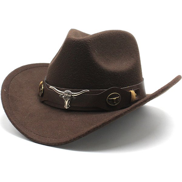 New Top Hat Ethnic Style Bull Logo Western Cowboy Top Hat Roll Brim Retro Horse Riding Hat Woolen Felt Hat Fashionable Temperament-image