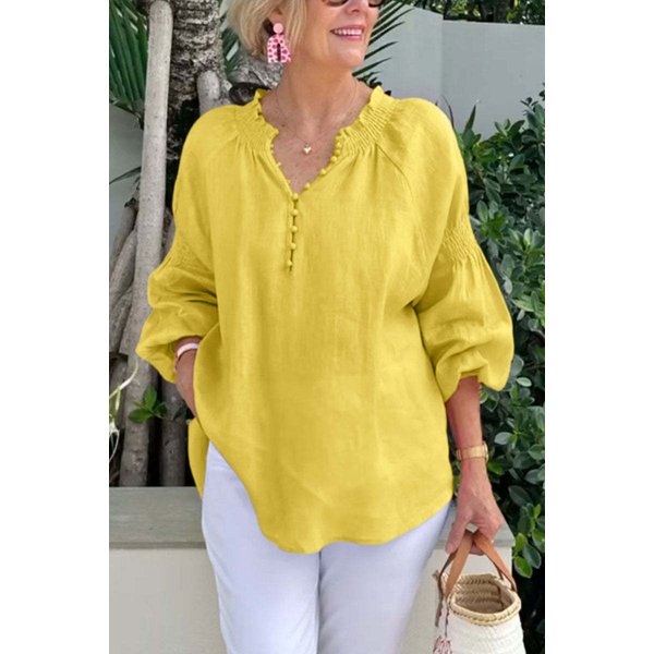 Women's Clothing Spring And Summer Casual V Neck Solid Color Cotton And Linen Long Sleeved Tops