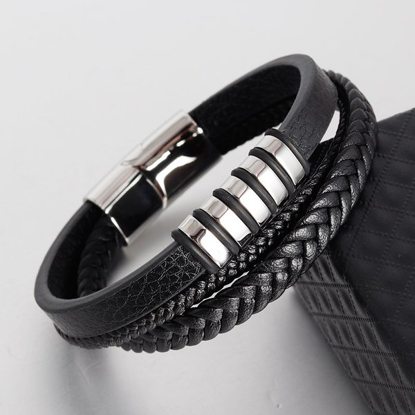 Men's Jewelry Leather Hand Woven Bracelet Genuine Leather Braided Multi Layer Men's Leather Bracelet Retro Stainless Steel Leather Rope-image