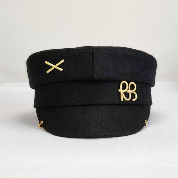 Autumn Winter New Woolen Women Metal Label Rb Letter Navy Hat Fashion Hardware Earrings Peaked Newsboy Cap-image