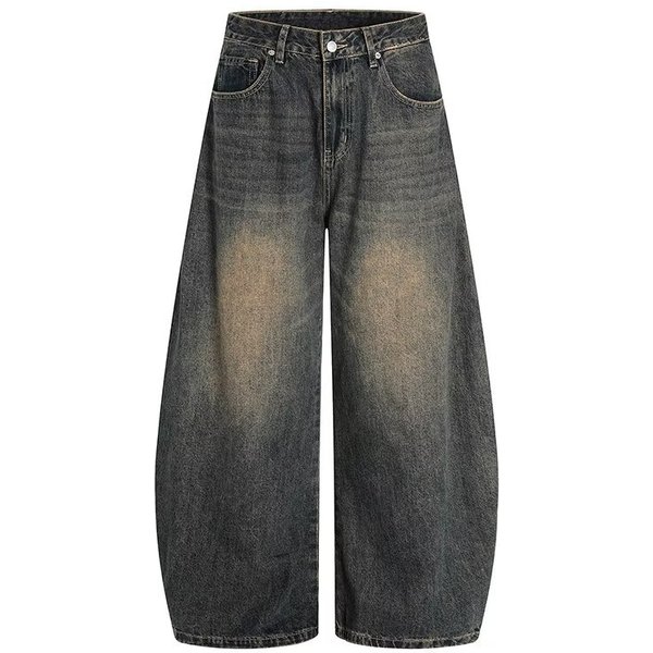 Unisex Mid-Waist Wide Leg Jeans Black Cotton Non-Stretch Distressed Washed Retro Whiskered Trousers Versatile Long Pants