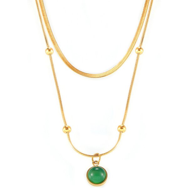 Vintage Green Stone Pendant Necklace, Niche, Simple, Detachable, Foldable Style, Stainless Steel Collarbone Chain-image
