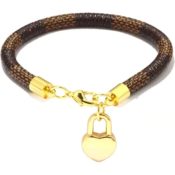 Brand Leather Charm Bracelets For Women Plaid PU Real Gold Plated Heart Bag Pendant Lobster Clasp Design Bangle Fashion