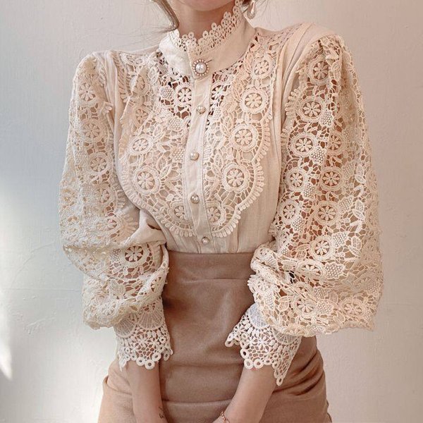 Women's French Loose And Chic Button Heavy Lace Hollow Flower Splicing Long Sleeve Stand Collar Shirt-image