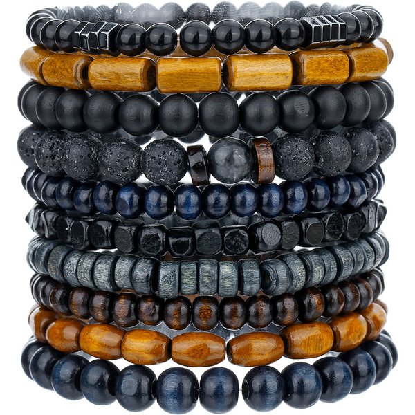 Hot Selling Jewelry For Men, Retro Wooden Beads, Volcanic Stone Elastic Bracelets, Versatile Niche Stacking Bracelet Sets-image