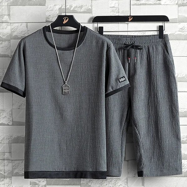 Men's Clothing Short Sleeved T Shirt Summer Men's Sports Leisure Suit Loose Quick Drying Ice Silk Running Fitness Short Sleeved Shorts Two Piece Suit-image