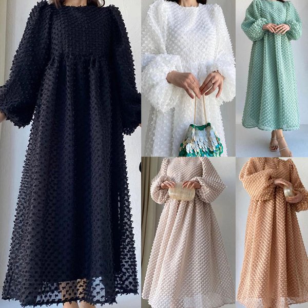 Women's Solid Color Round Neck Lantern Sleeve Dress Elegant Long Skirt-image