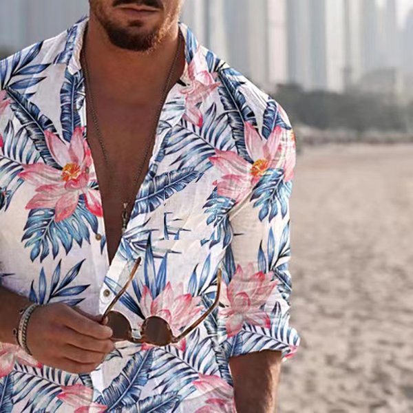 Men's Casual Cotton And Linen Beach Leaf Long Sleeve Shirt Comfortable Cotton And Linen Shirt-image