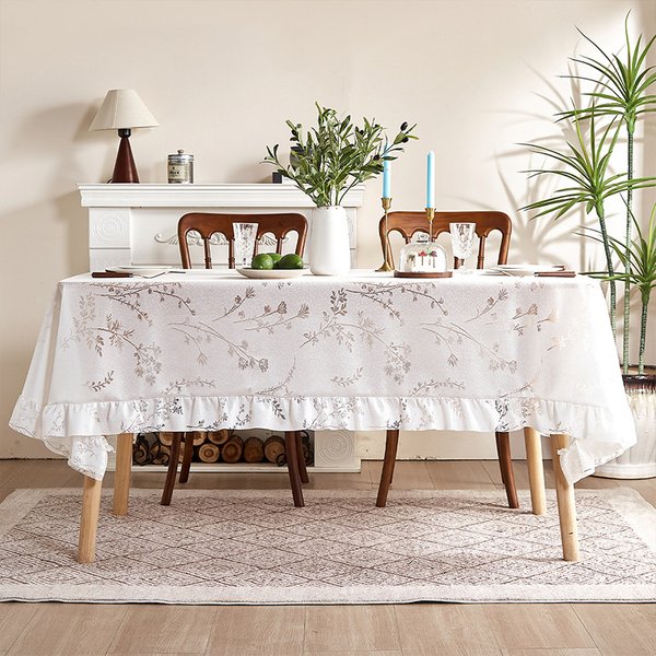 Tablecloth Set - Elegant Lace Trimmed Minimalist Dining Table Cover & Tea Table Mat, Stain-Resistant Vintage Boho Style-image