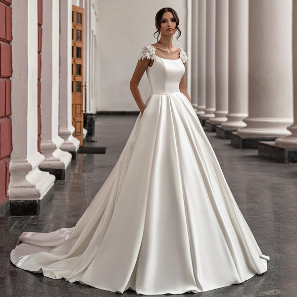 Women's Shoulder Wedding Dress 2024 New Bride Simple Sexy Slim Travel Photo Satin Soft Gauze Lace Slimming Drag-image
