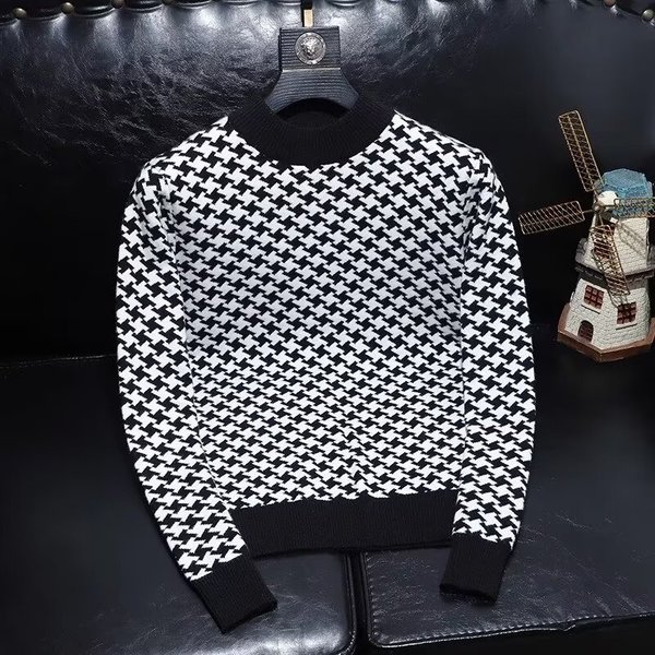 Sweater Men's 2024 Autumn And Winter New Slim Fit Fashion Houndstooth Sweater Casual Warm Bottoming Shirt Men's Long Sleeve-image