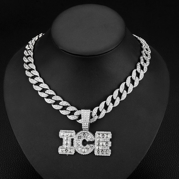 Glass diamond letter ICE pendant niche personality cool men's versatile jewelry watch buckle necklace