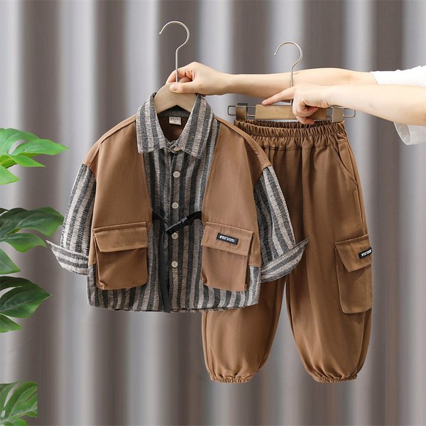 New Boys' Striped Shirt Set | 2-Piece Casual Outfit | Soft Cotton Long Sleeve Top + Pants | Korean Style Cartoon Print-image