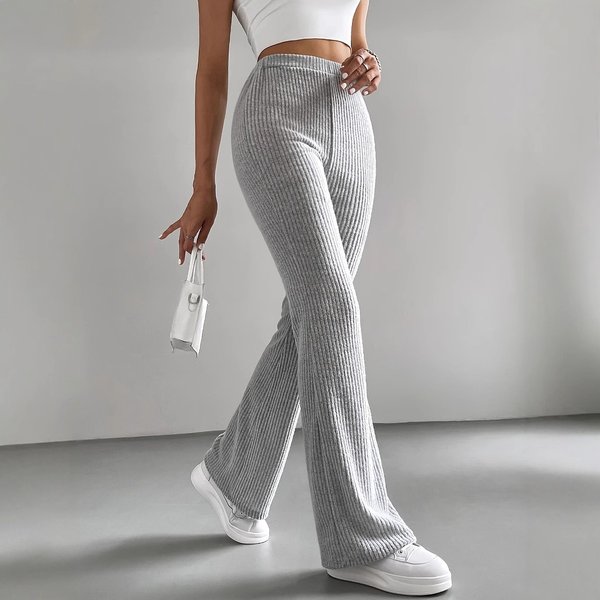 Women's Clothing Women's Rib-Knit Flared Pants - Solid Color Casual Trousers With Stretchy Comfort & Stylish Fit Rib-Knit Flared Pants Trousers-image