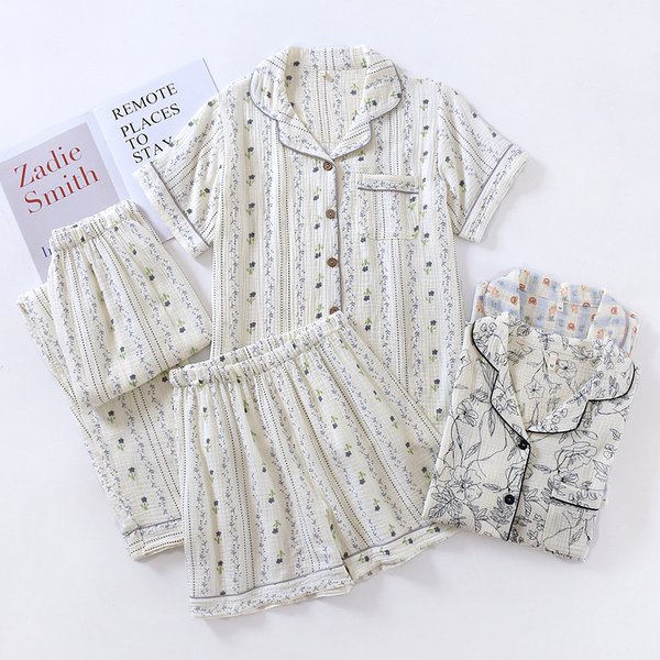 Women’S Clothing Double Layer Pure Cotton Gauze Thin Short Sleeved Trousers Shorts Pure Cotton Crepe Home Clothes-image