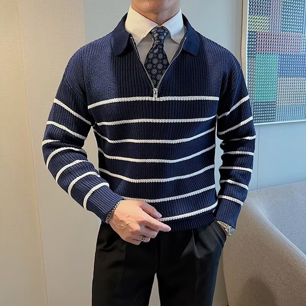 Men's Fashion Knit Sweater – Half-Zip Striped Pullover With Relaxed Fit (M-3XL, Black/Navy)-image