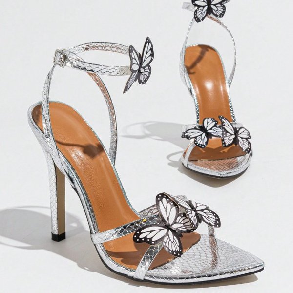 Women's Pointy Butterfly Decorated With Crossed One-Line Ankle Strap Stiletto Sandals With Silver Heels-image