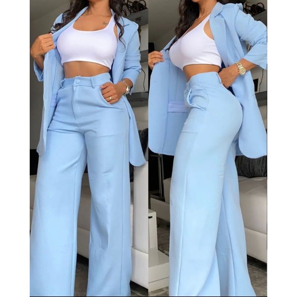 women's clothing, elegant and solid color split sleeve lapel suit with pockets and straight pants suit