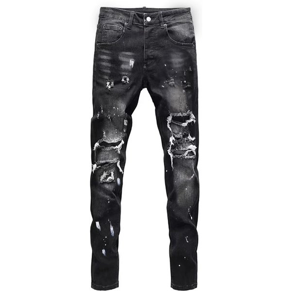 Men's Trendy Skinny Jeans Ripped Patch Embroidered Stretch Slim Fit European American Fashion