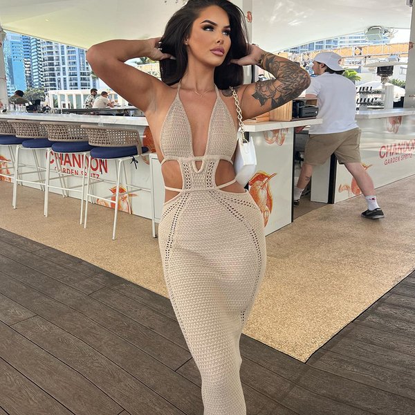 ins style hot-selling new sexy street style pure desire halter neck wrap chest hollow splicing lace-up dress for women