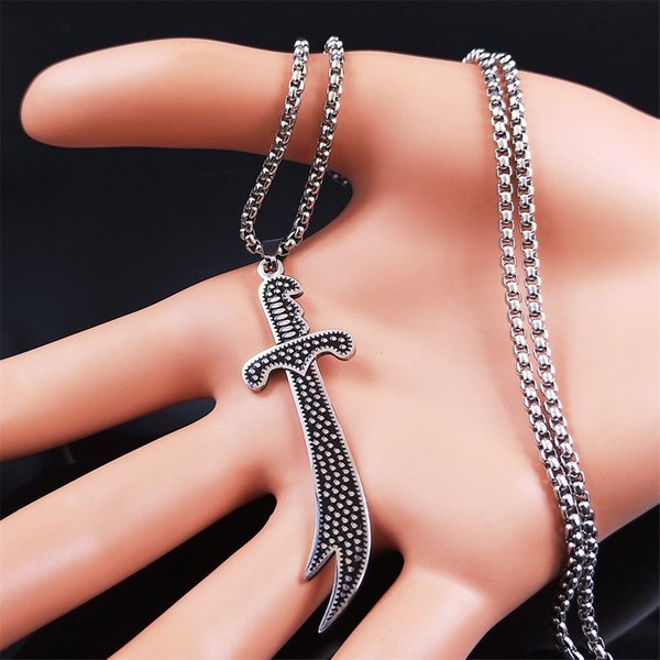 Ready Stock Muslim Islam Knife Necklace Stainless Steel Imam Ali Zulfiqar Sword Arabic Pendant Necklaces Islamic Jewlry Colliers-image
