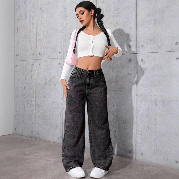 High-Waist Straight Leg Jeans For Women - Light Wash Relaxed Fit Wide Leg Denim Pants (S-5XL, Black, Blue, Grey)-image