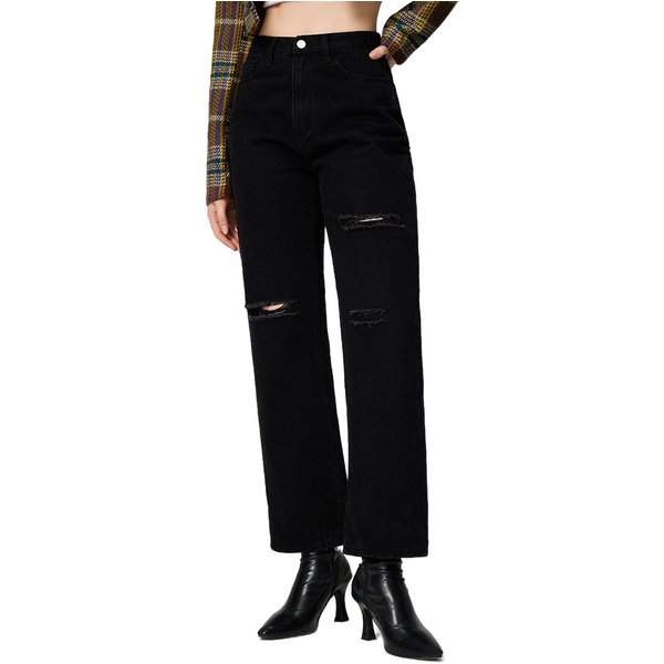 Women's Clothing Jeans Black Ripped Washed Straight Jeans