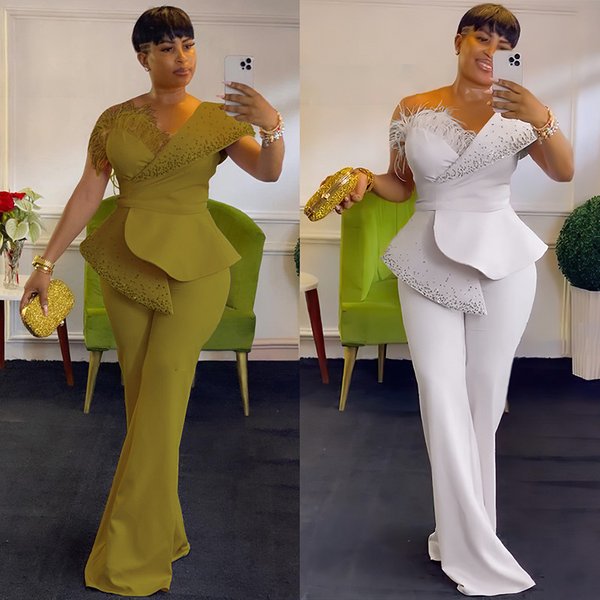 Women's Off-Shoulder High Waist Wide Leg Jumpsuit - Flowy Romper With Feather Trim, Plus Size Friendly, Comfortable Stretch Polyester Fabric-image