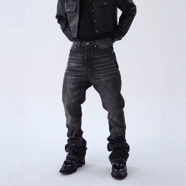 Distressed Washed Black Striped Faded Straight Leg Flared Jeans American High Street Style Slim Fit With Splatter Paint And Frayed Edges