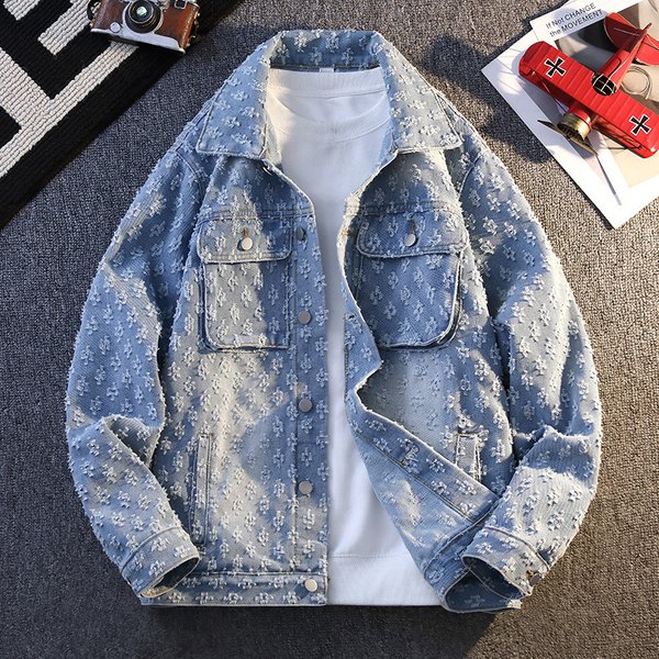 Men's Clothing Jacquard Denim Jacket For Spring And Autumn, Couple Style, Cool And Relaxed Casual Jacket In Yellowish Brown
