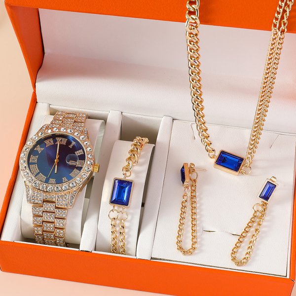 Women's Watches New Ladies Watch Set Fashion Style Versatile Quartz Watch Bracelet Ring Earrings Necklace Set-image