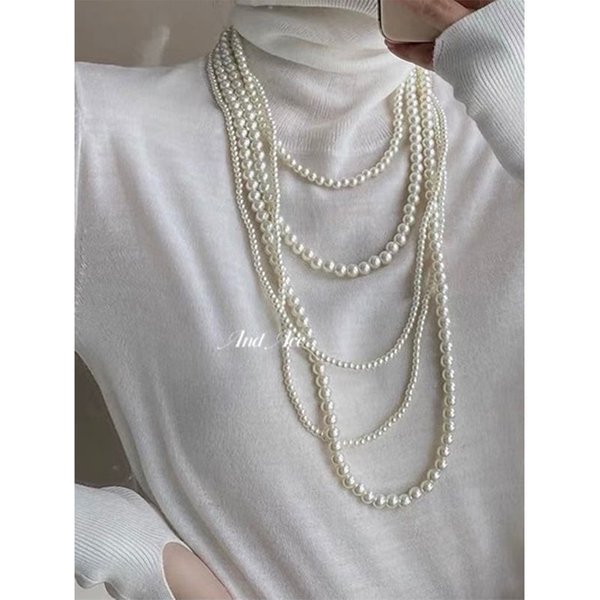Multi Layered Glass Pearl Necklace Fashion Style Necklaces With Stacked And Niche Women's Sweater Chains For-image