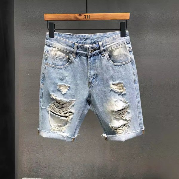 Men's Clothing Raw Edge Large Hole Denim Shorts Men's Casual Versatile Trendy Mid Length Pants Beggar Pants