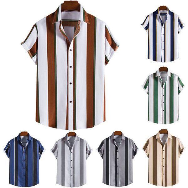 Men's Clothing foreign trade summer men's striped short-sleeved shirt European size Hawaiian shirt for men