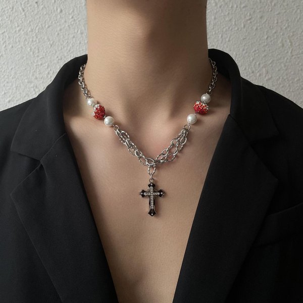 Three Color Gradient Full Diamond Love Color Matching Cross Pendant Hip Hop National Trend Neutral Necklace Can Be Worn By Men And Women