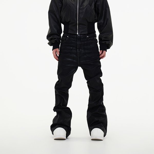 Men's Clothing New Niche Dark Wax Coating Ribbon Slightly Elastic Wide Leg Flared Mopping Piled Denim Trousers Trend-image