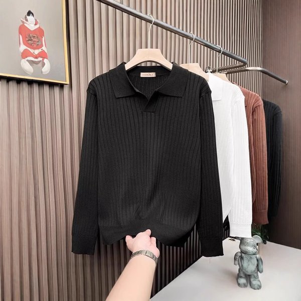 Men's Clothing Knitted Polo Shirt Spring And Autumn New Simple Striped Lapel Sweater Temperament Men's High End Texture Long Sleeved Sweater-image