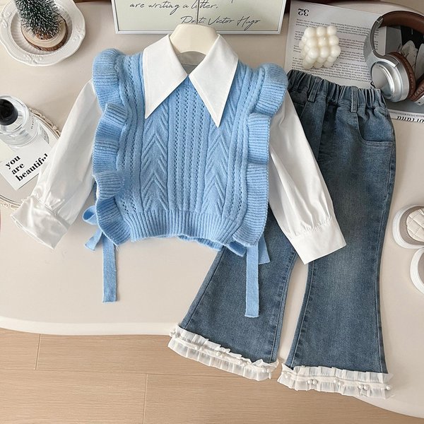 Mother & Kids Girls Spring Suit Long Sleeve 2025 New Children's Fashion Knitted Vest Shirt Suit With Lace Jeans-image