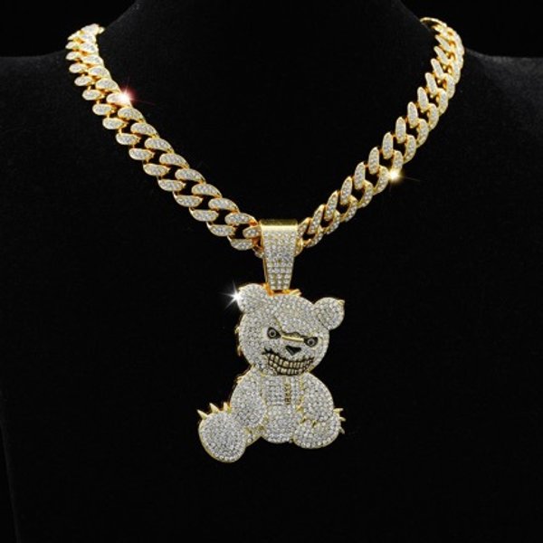 Men's Hip Hop Jewelry Set Fashion Full Diamond Bear Pendant Necklace Cuban Chain Bracelet Three Piece Set