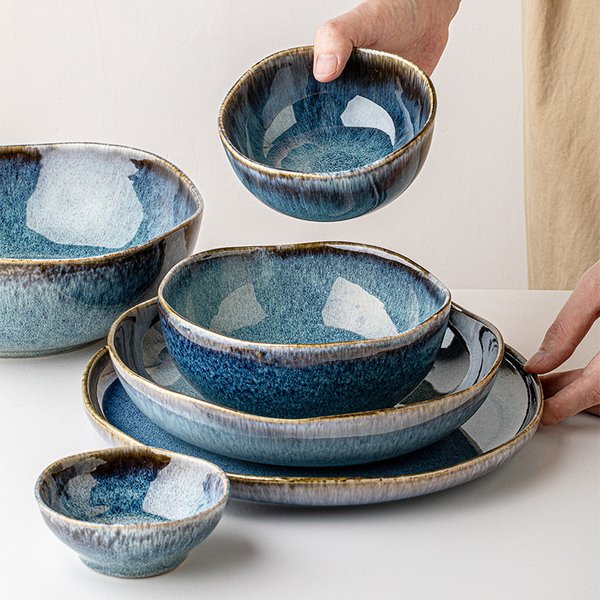 Cerulean Glaze Dinnerware Set - Handmade Kiln-Fired Blue Ceramic Plates & Bowls
