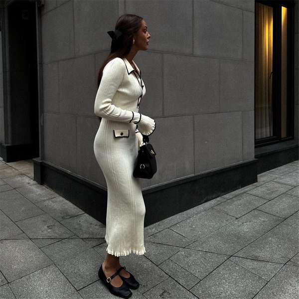 Women's Clothing light luxury ruffled knitted dress sweater dress lapel tight midi skirt