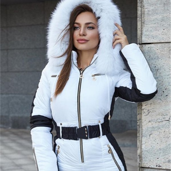 Women's Winter Ski Suit Hooded One-Piece Snowsuit Warm Windproof Fleece Lined Jumpsuit For Outdoor Sports