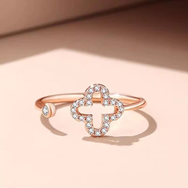 Four Leaf Clover Hollow Ring Female Niche Light Luxury Zircon Flower Index Finger Ring Fashionable Fresh Open Ring