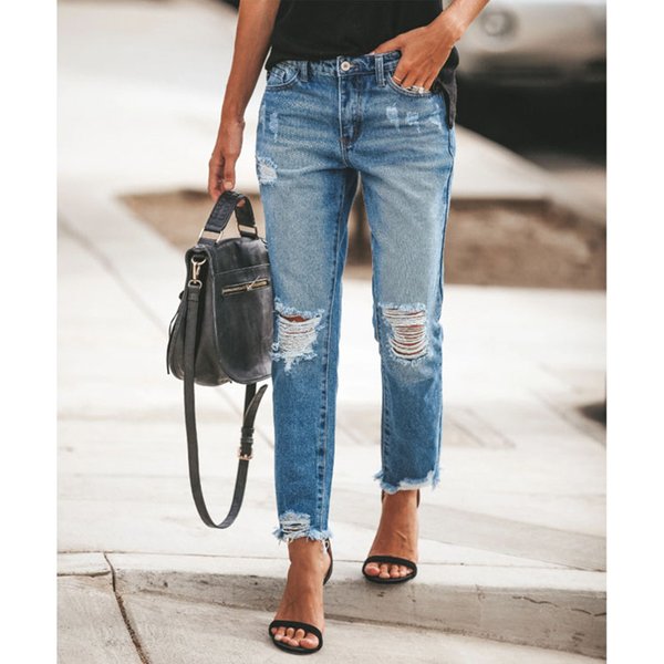 Women's Clothing Slim Fit Versatile Ripped Straight Jeans