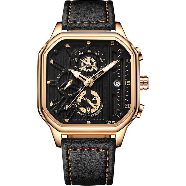 Waterproof Luminous Square Quartz Watch Men's Fashion Belt Calendar Watch-image
